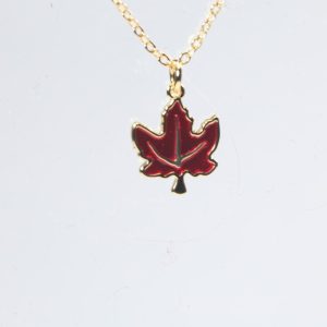 Elegant Red Enameled Brass Canadian Maple Leaf Pendant & Chain