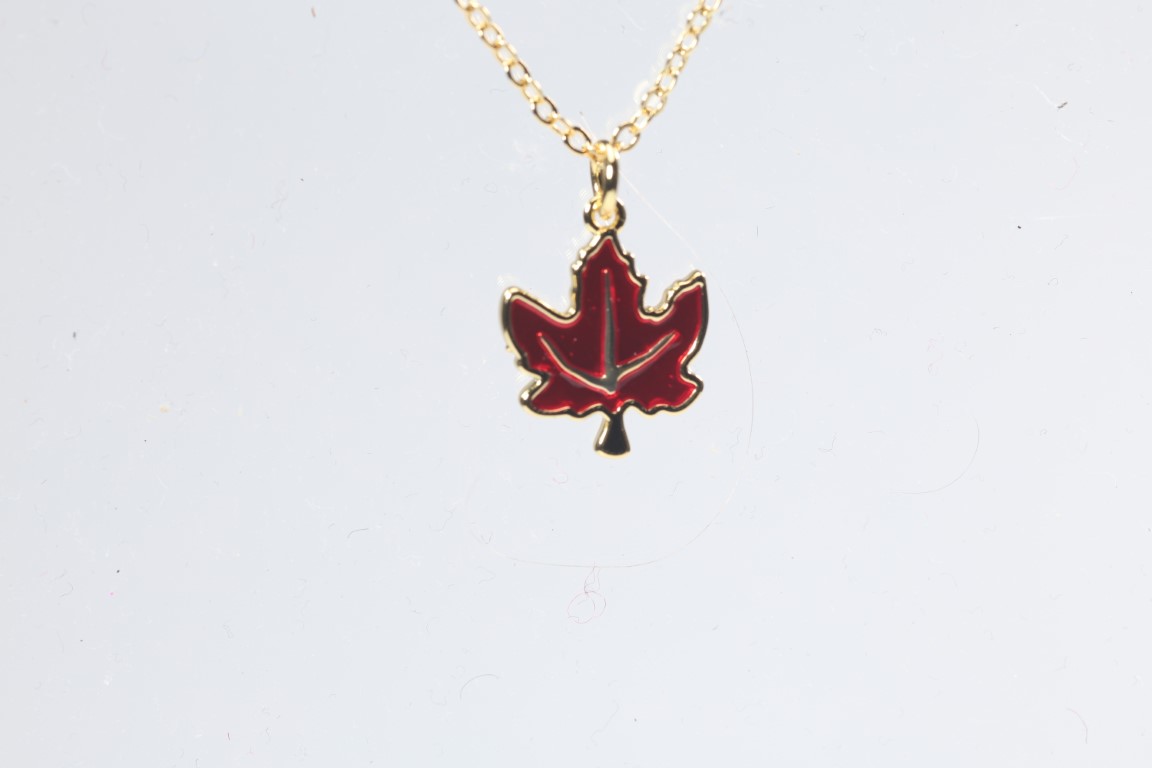 Elegant Red Enameled Brass Canadian Maple Leaf Pendant & Chain