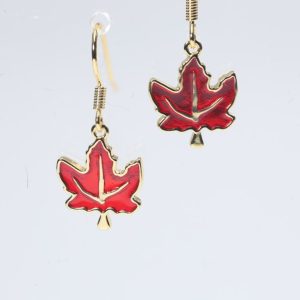 **Red Brass Canadian Maple Leaf Drop Earrings - Enameled Handmade Jewelry for Women**