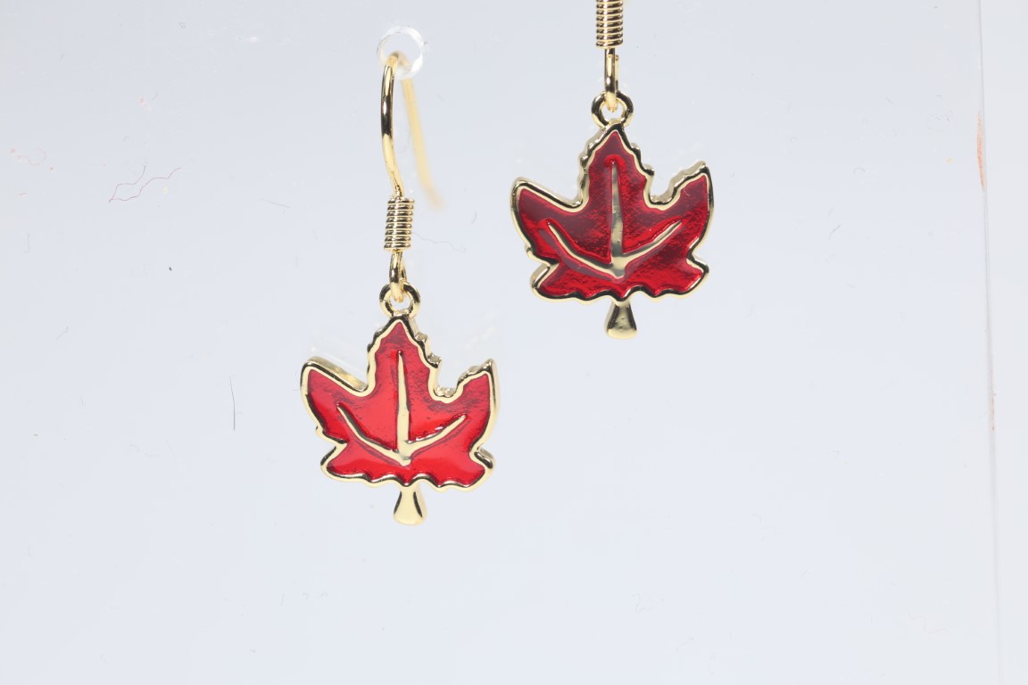 **Red Brass Canadian Maple Leaf Drop Earrings - Enameled Handmade Jewelry for Women**