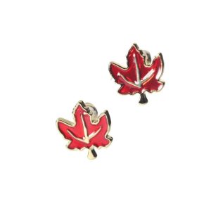 Red Enameled Brass Maple Leaf Stud Earrings - Canadian Jewelry Gift
