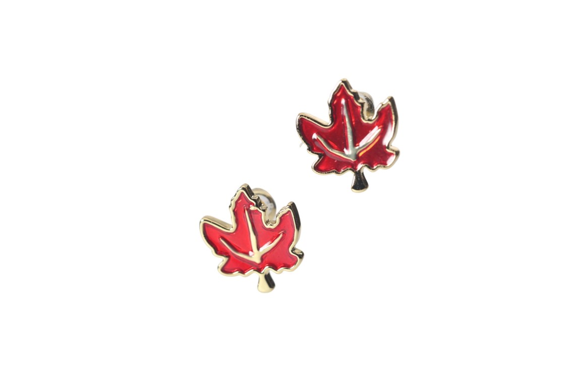 Red Enameled Brass Maple Leaf Stud Earrings - Canadian Jewelry Gift