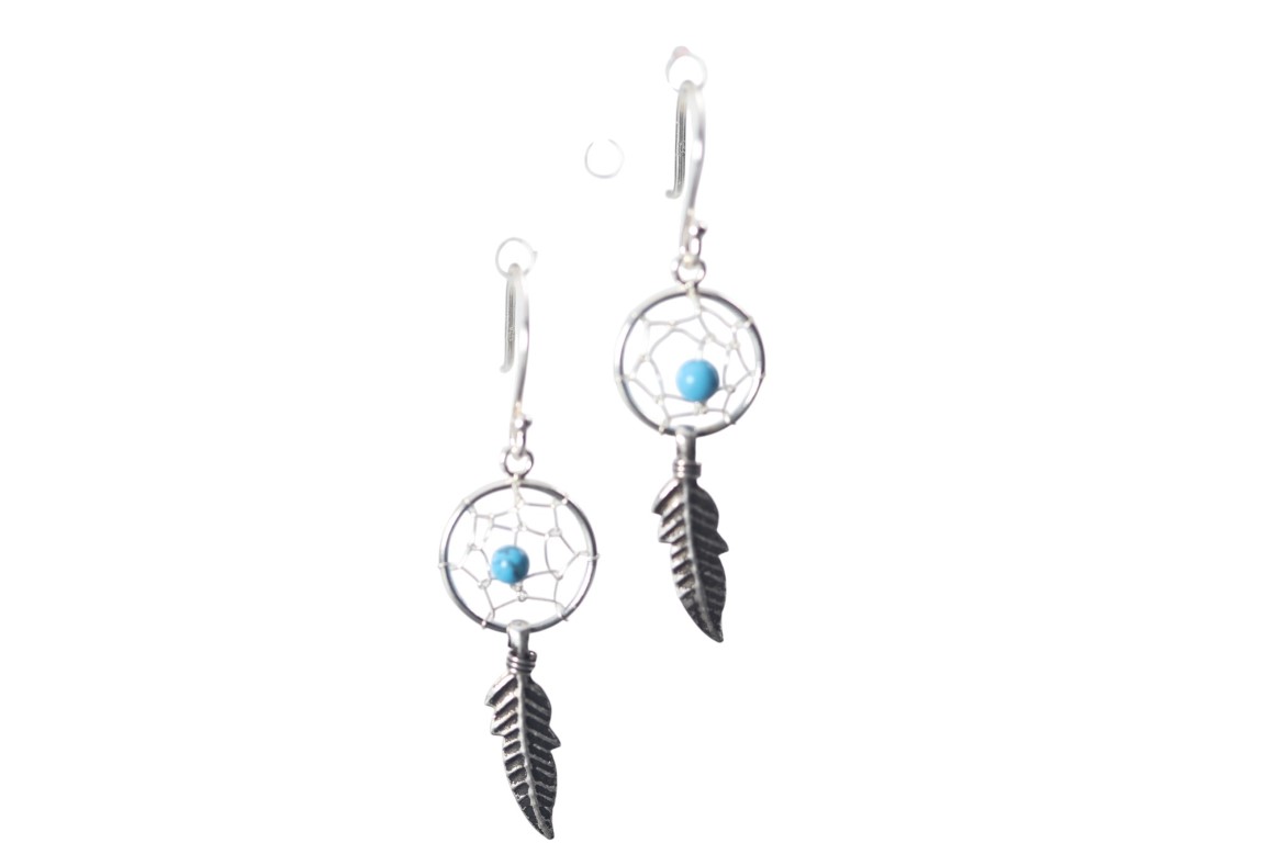Sterling Silver Dream Catcher Earrings with Feather - Handmade Boho Jewelry