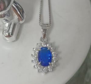 Royal Blue Halo Pendant - Sapphire-Style Oval Necklace with CZ Halo for Women