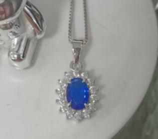 Royal Blue Halo Pendant - Sapphire-Style Oval Necklace with CZ Halo for Women