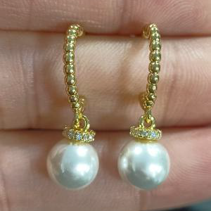 Gold-Plated Drop Pearl Earrings: Textured Beaded Hoop & CZ Crown Cap - Elegant, Classic, Luxurious Jewelry