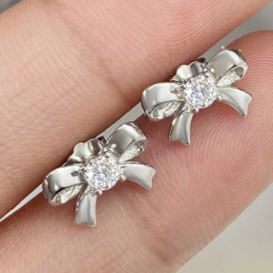 Silver Bow Stud Earrings with Clear CZ Center - Elegant Bow-Shaped Jewelry for Women