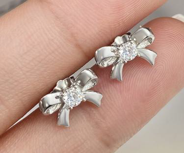 Silver Bow Stud Earrings with Clear CZ Center - Elegant Bow-Shaped Jewelry for Women