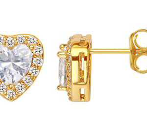 Gold-Plated Heart Stud Earrings with CZ Halo - Sparkly, Romantic, Premium Jewelry