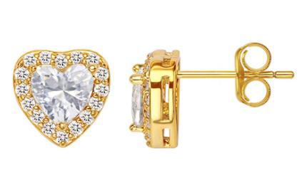 Gold-Plated Heart Stud Earrings with CZ Halo - Sparkly, Romantic, Premium Jewelry