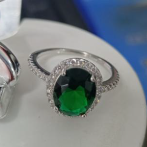 Elegant White Gold Plated Ring with Oval-Cut Green Gemstone & Cubic Zirconia Halo - Sparkling Statement Jewelry