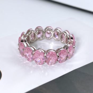 Pink Eternity Ring - Oval CZ Stone Women's Band, White Gold Plated Sterling Silver, Pink Eternity Band