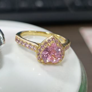 Pink Heart Cut Gold Plated Silver Ring - Heart Shaped Pink Stone Solitaire Promise & Engagement Ring for Women