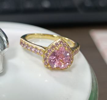 Pink Heart Cut Gold Plated Silver Ring - Heart Shaped Pink Stone Solitaire Promise & Engagement Ring for Women