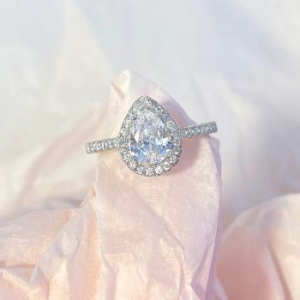 Pear Cut Halo Ring - White Gold Plated Silver Engagement Ring - Elegant Teardrop Promise Jewelry