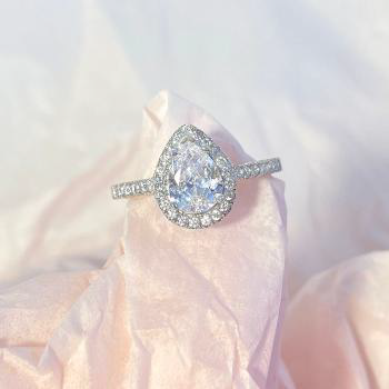 Pear Cut Halo Ring - White Gold Plated Silver Engagement Ring - Elegant Teardrop Promise Jewelry