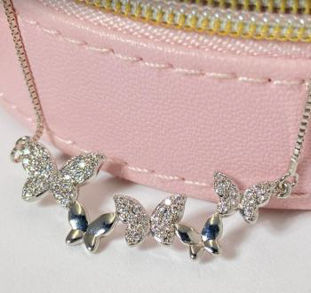 Elegant Butterfly Silver Necklace - White Gold Plated, Sterling Silver Butterfly Pendant, Pavé & Triple Charm Necklace for Women, Nature Inspired Jewelry