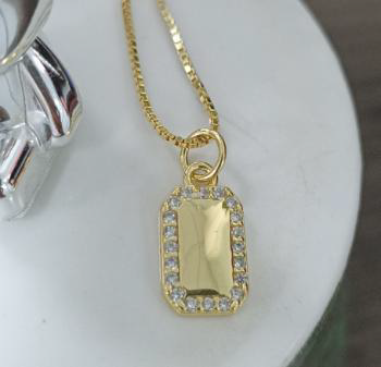 Elegant Gold Rectangle Pendant Necklace - Geometric Crystal Framed, Gold-Plated Women's Jewelry