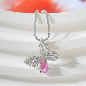 White Gold Plated Teardrop Necklace - Elegant Pink Crystal Pendant for Women