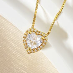 Sparkling Heart Charm Necklace - Sterling Silver Gold Plated Pendant Jewelry